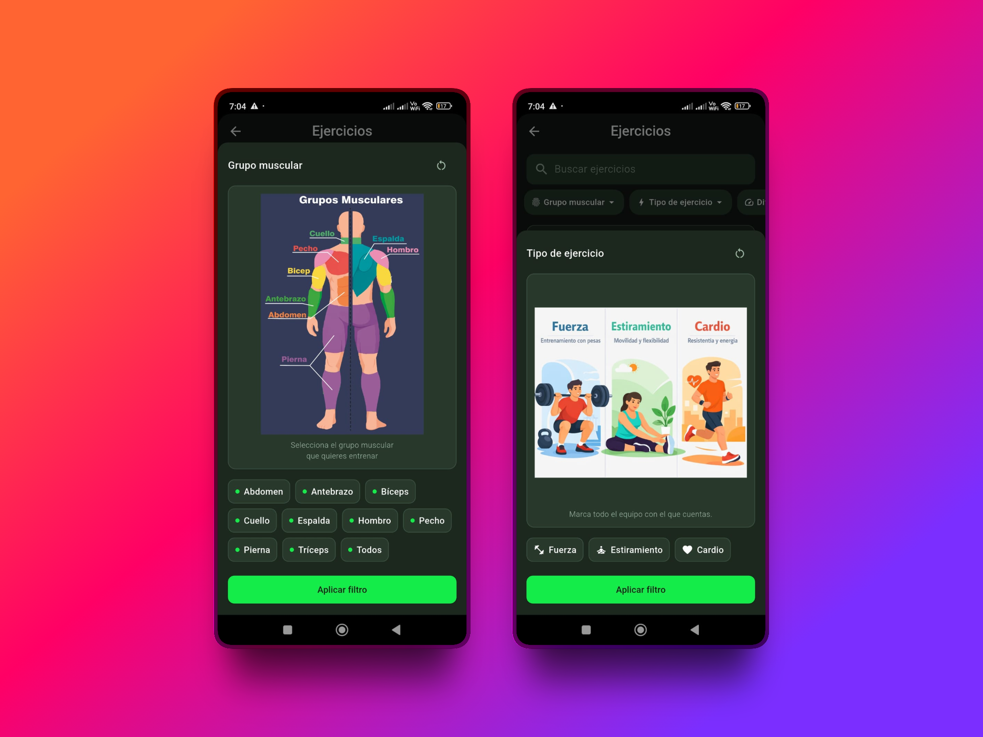 Entrena Inteligente - Filtros de ejercicios